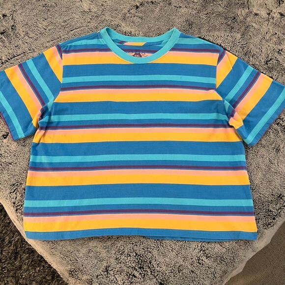 Mokuyobi - Cropped Striped Tee - Blue, Orange - Picture 2 of 5